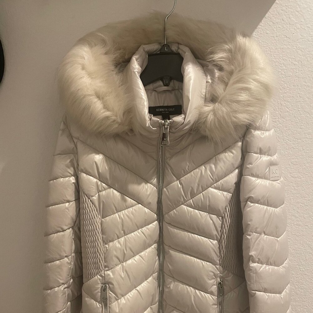 Kenneth Cole Women's  Puffer with Faux Fur Trimmed Hood